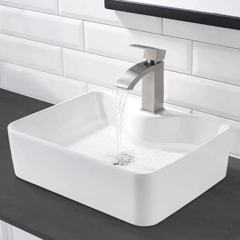 White Rectangle Ceramic Vessel Sink Combo With Stainless Steel Faucet And Chrome Pop Up Drain For Modern Vanity Dope Sleek 19x15 Inch Porcelain Art Basin Premium Glazed Ceramic Bathroom Sink on black countertop