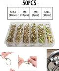 Heavy Duty Spring Steel Annular Ring Pins 50 Piece Assortment Kit For Trailers Trucks Automotive Agricultural And Industrial Equipment Rust Resistant Galvanized Steel Durable Fastening System Built Tough, 50pcs M4.5 M6 M8 M11 in case