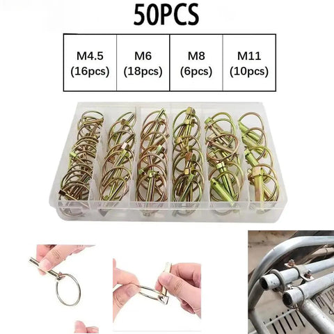 Heavy Duty Spring Steel Annular Ring Pins 50 Piece Assortment Kit For Trailers Trucks Automotive Agricultural And Industrial Equipment Rust Resistant Galvanized Steel Durable Fastening System Built Tough, 50pcs M4.5 M6 M8 M11 in case