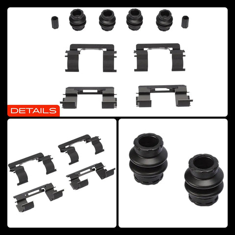 High Performance Front Side Disc Brake Hardware Kit Compatible With Dodge Dakota 2003-2004 Premium Steel Set For Smooth Stopping And Reliable Long Lasting Durability On The Streets. Black steel brake hardware set with boots and clips