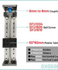 Precision Ball Screw XYZ Motion Slide With Three Pitch Options, 100mm To 1000mm Adjustable Travel, Integrated Linear Guide For Rock Solid Single Axis Or Versatile XYZ Multi Axis Setup, SFU1605, 50x80mm mobile table