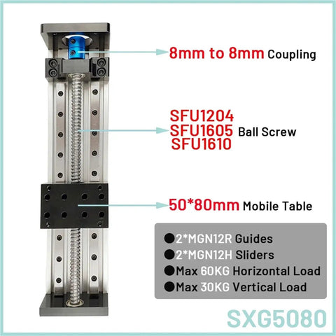 Precision Ball Screw XYZ Motion Slide With Three Pitch Options, 100mm To 1000mm Adjustable Travel, Integrated Linear Guide For Rock Solid Single Axis Or Versatile XYZ Multi Axis Setup, SFU1605, 50x80mm mobile table