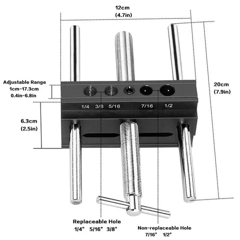 Tough As Nails Self Centering Dowel Jig Kit with drill guide, adjustable range, and replaceable holes for precise woodworking.