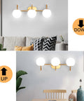Two views of Three Light Vanity Light Fixture For Bathroom With Brushed Brass Frame And Milk White Glass Globes, mounted up and down