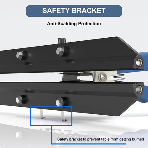 Detail of safety bracket on Super Fast 300W Mylar Bag Heat Sealer providing anti-scalding protection for safe food sealing.