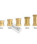 Five brass RC hex hub extensions in 12mm, 15mm, 17mm, 20mm, and 25mm sizes for 1/10 scale crawlers like Axial SCX10 D90 90046.