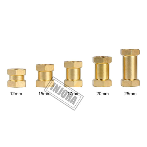 Five brass RC hex hub extensions in 12mm, 15mm, 17mm, 20mm, and 25mm sizes for 1/10 scale crawlers like Axial SCX10 D90 90046.