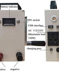 Front and side view of 150W Portable Outdoor Emergency Generator With Hand Crank And Solar Power, 110V/220V AC, DC12V, USB 5V Outputs