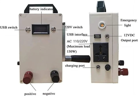 Front and side view of 150W Portable Outdoor Emergency Generator With Hand Crank And Solar Power, 110V/220V AC, DC12V, USB 5V Outputs