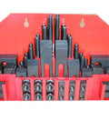 58 Piece T Slot Clamping Kit For Metal Milling Machines With Three Eighths Inch T Type Fixtures on red backdrop