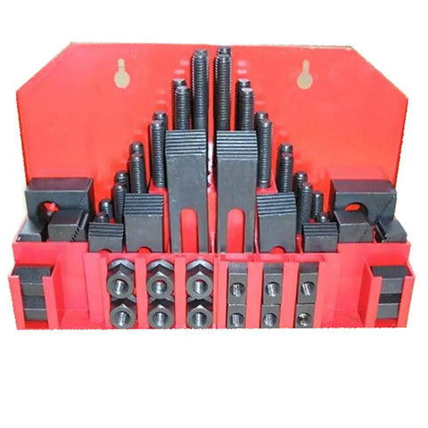 58 Piece T Slot Clamping Kit For Metal Milling Machines With Three Eighths Inch T Type Fixtures on red backdrop