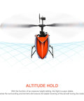 Front view of 4 Channel RC Helicopter K127 With 6 Axis Gyro with altitude hold, showcasing orange design and horizontal propellers.