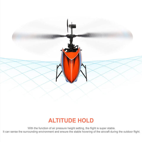 Front view of 4 Channel RC Helicopter K127 With 6 Axis Gyro with altitude hold, showcasing orange design and horizontal propellers.