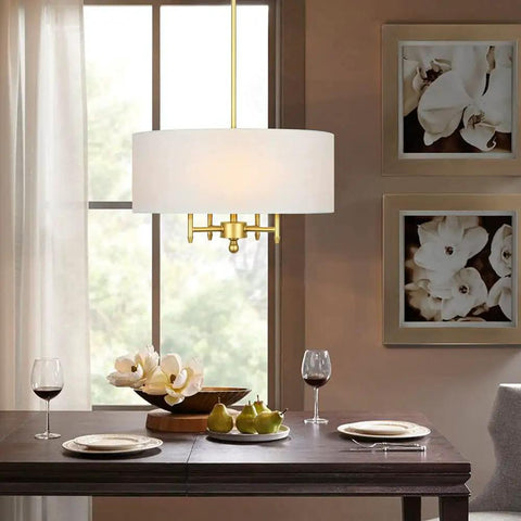 4 Light Modern Chandelier With White Linen Drum Shade In Antique Brass Finish For Dining Room