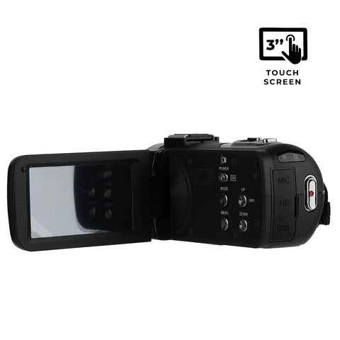 Side view of Dope 4K Video Camera WiFi Ultra HD Camcorder with 18x digital zoom and 3 inch IPS touchscreen, black color.
