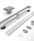 24 Inch Linear Shower Drain With Tile Insert Grate And Hair Strainer, Includes PVC Base And Adjustable Leveling Feet