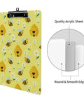 Honey Bee Print Sturdy Acrylic Clipboard For A4 Papers, Clear Desk Organizer With Smooth Writing Surface, Real Deal Heavy Duty See Through Clipboard For School, Office, Or Home, Fits US Letter And A4, yellow bee print with metal clip