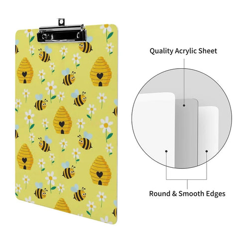 Honey Bee Print Sturdy Acrylic Clipboard For A4 Papers, Clear Desk Organizer With Smooth Writing Surface, Real Deal Heavy Duty See Through Clipboard For School, Office, Or Home, Fits US Letter And A4, yellow bee print with metal clip