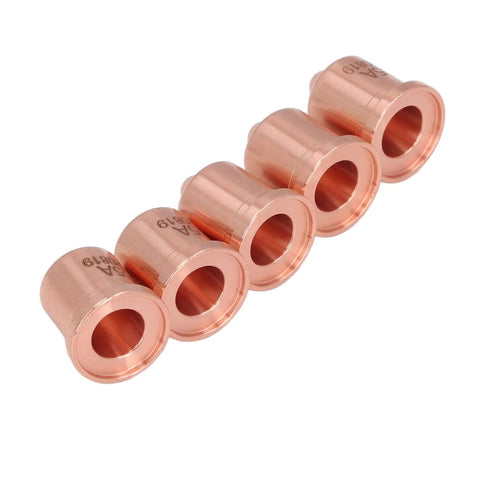 Top Tier 220819 Plasma Electrode Tip Brass Nozzle Set For PMX 65 85 105 Cutters Fits 45A 65A, five brass nozzles lined up.