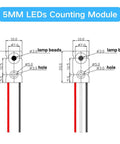 Technical diagram of Ultra Fast Infrared Break Beam Sensor Kit With 5mm LEDs Count Module showing dimensions and cable connections.