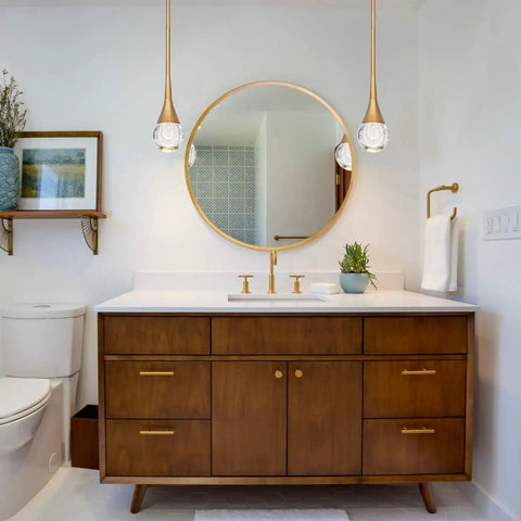 Bathroom with two Teardrop Crystal Pendant Lights With Gold Brushed Brass Finish One Light Mini LED Fixture for chic decor.