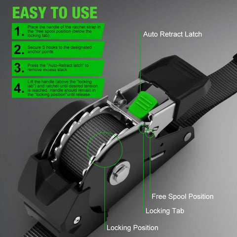 Close-up of 4 Pack Retractable Ratchet Straps 1 Inch x 10 Feet 1650 Pound Break Strength Heavy Duty Self Retracting Tie Down Straps