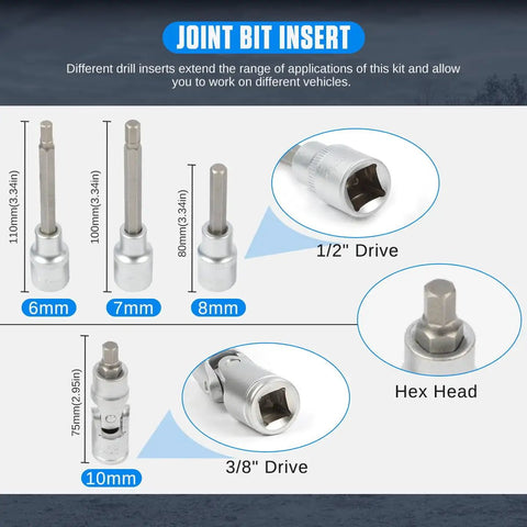 Joint bit insert sizes and types from the Pro Grade 15 Piece Drum And Disc Brake Tool Kit for Cars And Light Trucks