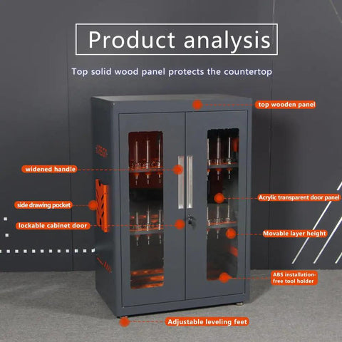 Product analysis view of Beefy Heavy Duty CNC Tool Holder Cabinet for CAT30 Storage and Organization with locking door and shelves