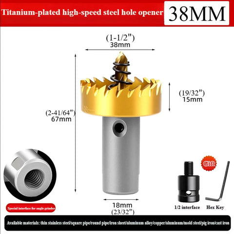 Titanium Plated HSS Hole Saw Set For Angle Grinder with M10 Threaded Pro-Grade Metal Cutter, 38mm size, includes hex key and adapter