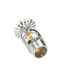 Heavy Duty Chrome Pendent Fire Sprinkler Heads Four Pack Rated One Thirty Five Degrees Fahrenheit With Slick Half Inch Pipe Connectors.