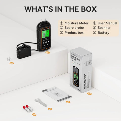 Handy Dual Probes Moisture Meter With Battery Included And Real Time LCD Display For Quick Accurate Readings In Wood Plywood Paper Plaster Walls And Floors, kit contents