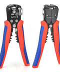 Heavy Duty Automatic Wire Stripper And Cable Cutter Tool Multifunctional Electrician Pliers With Built In Terminal Crimper side view with red and blue handles.