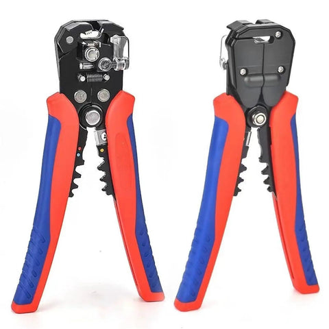Heavy Duty Automatic Wire Stripper And Cable Cutter Tool Multifunctional Electrician Pliers With Built In Terminal Crimper side view with red and blue handles.
