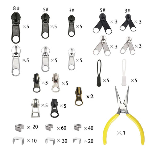 255 Piece Zipper Repair Kit With Replacement Sliders For Size 3 5 8 Nylon And Metal Zippers Pliers Tool And Zip Extension Pulls