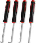 Pro Grade 4 Piece Lock Pick And Hook Tool Set With Comfort Grip For Auto And Electronics Repair Includes Straight Pick 90 Degree Hook Angled Pick And Combination Hook For Oil Seal And Gasket Removal, featuring ergonomic tool handles.