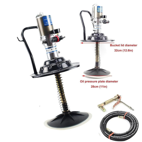 Portable 5 Gallon High Pressure Pneumatic Grease Pump Kit with Follower Plate, pump, hose, and fittings displayed.