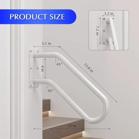 Dimensions of Heavy Duty Iron Wall Mount Stair Hand Rail With A Hella Strong Non Slip Grip For Outdoor Steps Or Bathroom Porch Classic White Finish.