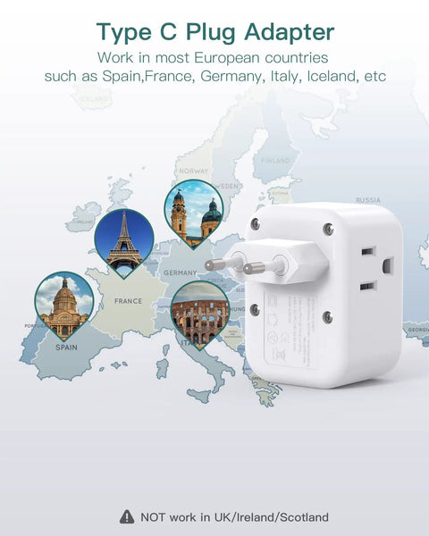 6 In 1 European Travel Plug Adapter with 3 US outlets, 2 USB-A ports, 1 USB-C port shown with a European map background.