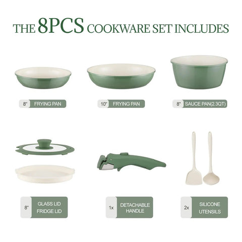 Image showcasing Nonstick Ceramic Cookware Set Eight Piece With Detachable Handle Induction Ready Pots And Pans in Forest Green.