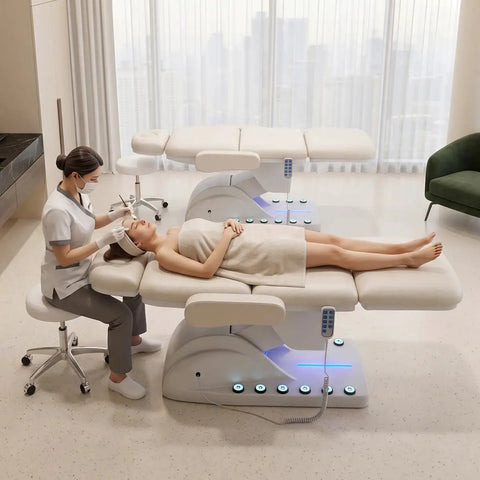Professional Fully Electric Facial Massage Table With Lift For Estheticians, patient receiving treatment on white padded spa bed.
