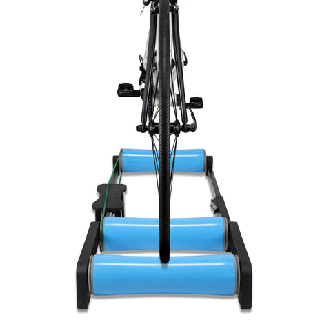 Side view of Whisper Quiet Cycling Trainer Platform With Anti Slip Foldable Aluminum Roller for indoor bike training.