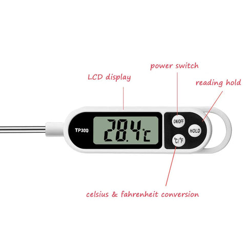 Digital Meat Thermometer For Cookin And BBQ With Long Probe, Instant Read, LCD display, hold and power buttons, temperature 28.4°C
