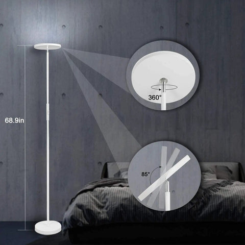 Super Bright Floor Lamp 30W 2400LM Sky LED Torchiere with adjustable angle in bedroom, pearl white finish, 68.9 inches tall.