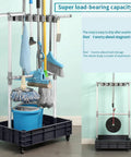 Grab-And-Go Mobile Broom And Mop Organizer Cart With Drying Hooks Floor Standing Cleaning Tool Rack Wheeled Storage
