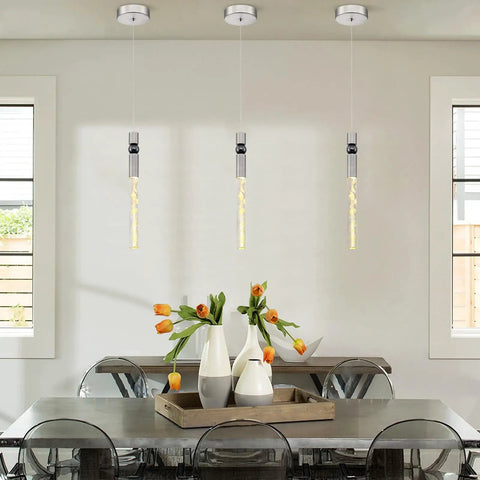 LED Pendant Lights Cylinder Crystal Fixtures With 10W Integrated LED 3000K Warm Light over dining table in modern kitchen