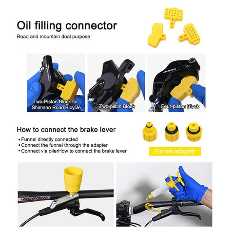 Hydraulic Bike Brake Bleed Kit for Shimano, SRAM and Magura Pro Grade MTB and Road highlighting funnel and piston blocks