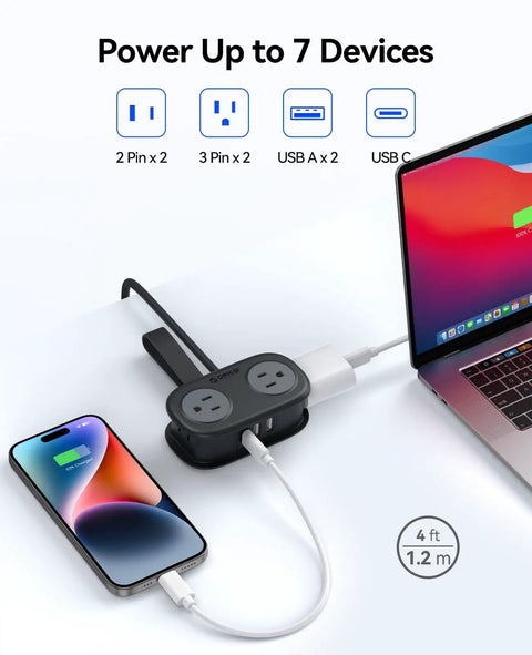 Compact Travel Power Strip With Four AC Outlets And A Four Foot Wrap Around Cord Perfect For Cruises RV Trips Or Vacations connected to a phone and laptop.