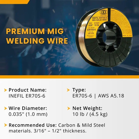 Premium MIG welding wire spool featuring ER70S-6 0.035 inch diameter, 10 lb, copper-coated for heavy fabrication, structural steel.