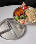 Portion Control Plates For Grownups, Stainless Steel Divided Dinner Plates For Weight Loss And Diabetic Diets with food sections displayed