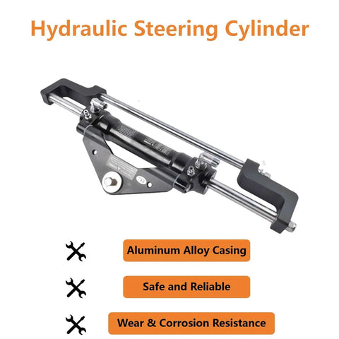 Hydraulic steering cylinder with aluminum alloy casing for outboard boat steering kit, wear and corrosion resistance shown.